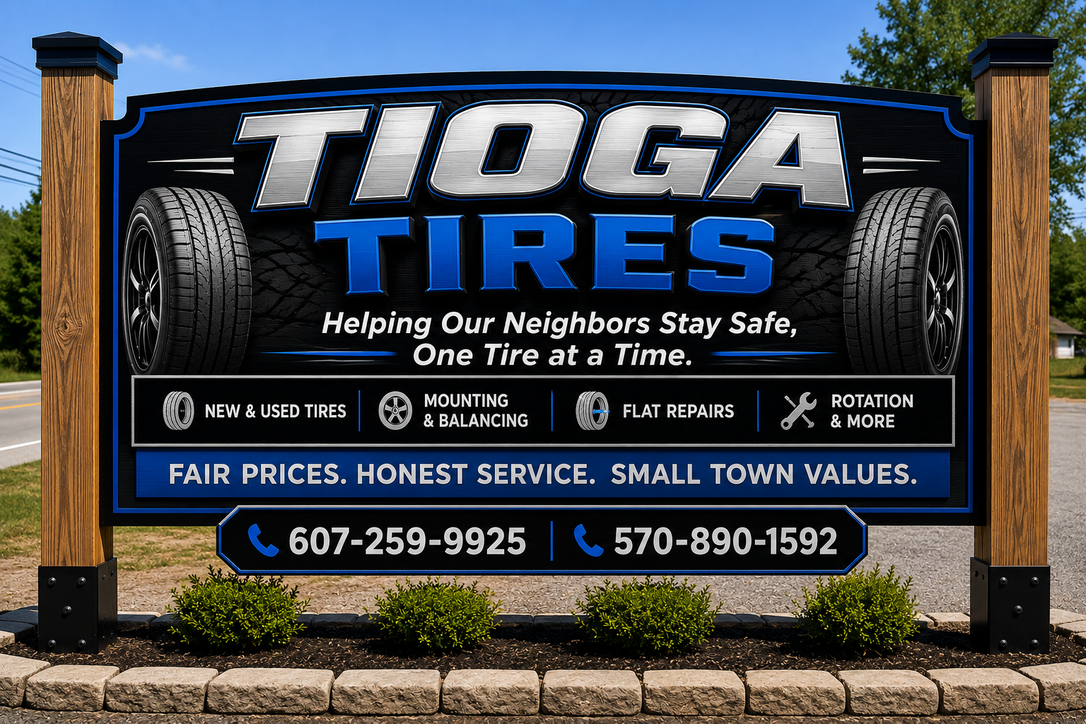 Tioga Tires roadside sign in blue, silver and black